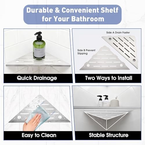 Shower Corner Shelf, 10'' Corner Shower Shelf with Towel Bar & Hooks, 2-Pack 304 Stainless Steel Recessed Bathroom Shelves, Grout in Bathroom Shower Shelf for Tiled Wall,(Brushed Nickel)