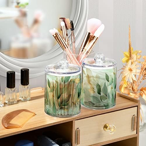 Vnurnrn Green Gold Leaves Clear Plastic Jar Set for Cotton Swab Cotton Ball Cotton Round Pads Floss, Bathroom Canisters Storage Organizer, Vanity Makeup Organizer 4 Pack