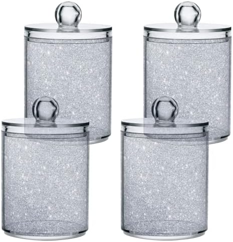ALAZA Silver Cotton Ball Holder Shiny Silver Qtip Holder 2 Pack Cotton Swab Dispenser Round Pads Clear Plastic Acrylic Jar Set Bathroom Canister