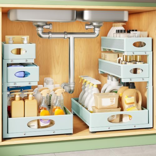 Kitstorack Under Sink Organizer 3-Tier Slide Out Drawer 2-Pack LightBlue