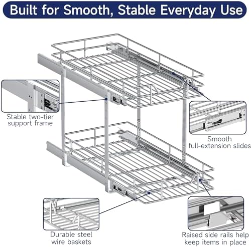 2-Tier Pull Out Cabinet Organizer, 12.5" W x 21.5" D, Heavy Duty Dual Slide Out Shelves for Narrow Base Cabinets, Chrome Wire Basket Drawer for Spices, Bottles & Snacks