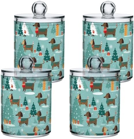 Christmas Dachshunds Qtip Dispenser Set of 4, Clear Apothecary Plastic Jars Bathroom Storage Organizer for Cotton Ball, Cotton Swab, Cotton Round Pads, Floss 10 Oz