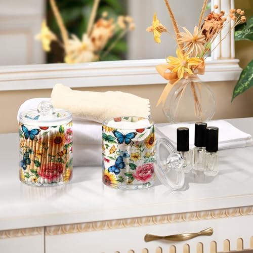 MNSRUU 2 Pack Qtip Holder Organizer Dispenser Sunflowers Peonies and Butterflies Bathroom Storage Canister Cotton Ball Holder Bathroom Containers for Cotton Swabs/Pads/Floss