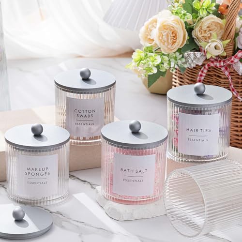 6 Pcs Plastic Holder Dispenser Bathroom Jars with Bamboo Lids, Silver