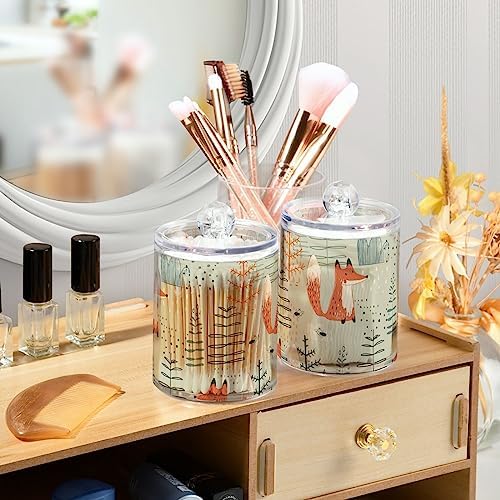 2 Pack Apothecary Jars Bathroom Cute Fox Qtip Holder Dispenser Clear Plastic Storage Canister Jar with Lid for Cotton Ball, Cotton Swab