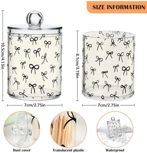 Gredecor 4 Pack Qtip Holder Clear Black Bows on Beige Apothecary Jars with Lids Acrylic Bathroom Jars Vanity Countertop Canister Storage Organizer for Cotton Ball,Swabs,Pads,Floss