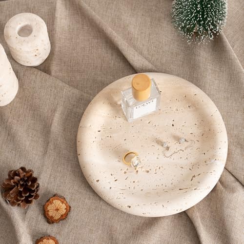 Koville Italian Round Travertine Tray, 8" Vanity Decorative Marble Tray for Countertop, Catchall for Perfume, Candles, Jewelry Dish