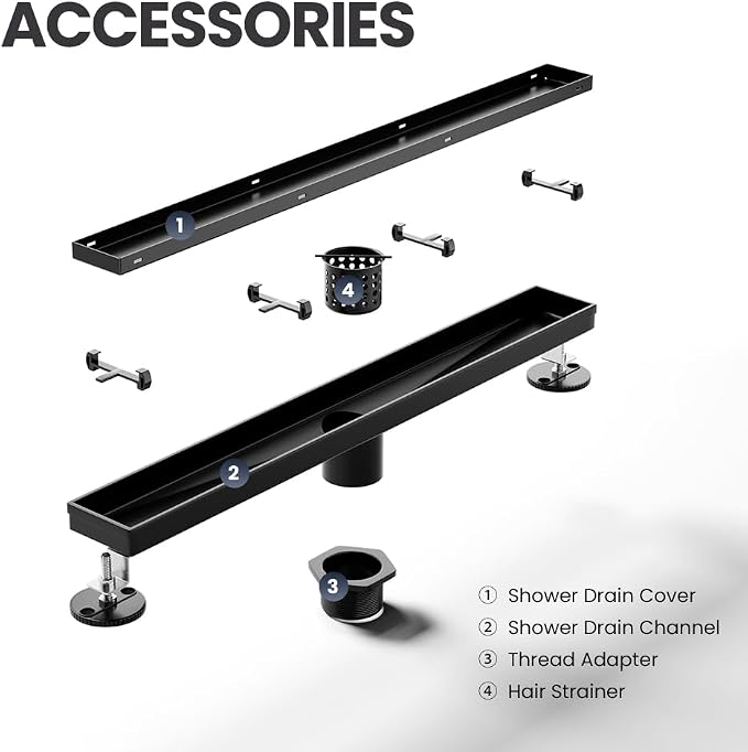 Linear Shower Drain 40 Inch Black, Brushed AISI 304 Stainless Steel Shower Drain with 2-in-1 Tile Insert Panel, for Bathroom, Kitchen, Garage & More