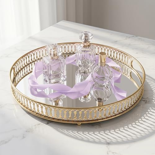 Yikinip12 Inch Round Glass and Gold Round Tray Set of 2，Dinner Plate Perfume and Vanity Tray - Decorative Mirrored Vanity Tray with Gold Metal Cutout Design, Jewelry Organizer (12 Inch Round Set of 2)