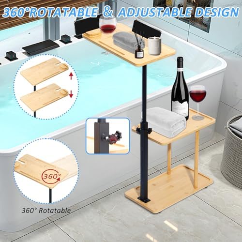 3 Layer Bath Tub Tray Table Liftable Freestanding Bamboo Bath Tray Caddy for Tub Against Wall Shelf Bathroom Organizer Shelf for Luxury Spa (Square)