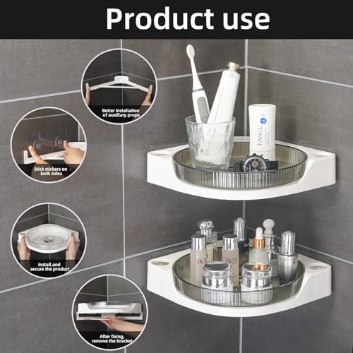 akinbas Corner Shower 2 Tier Caddy Lazy Susan Organizer 360 Rotating Corner Shelf Wall Mounted with No Drilling Shelves for Bathroom Dorm and Kitchen (Black)