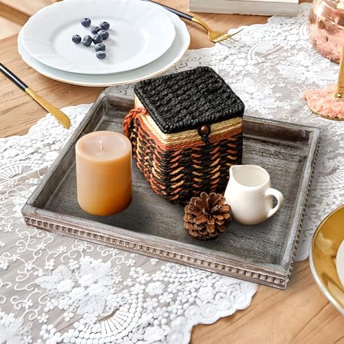 Wooden Decorative Tray, Rectangular Serving Tray with Wood Bead, Farmhouse Big Tray for Ottoman, Countertop, Coffee Tabl, 16.5" x 13"x 1.6" (Retro Brown)