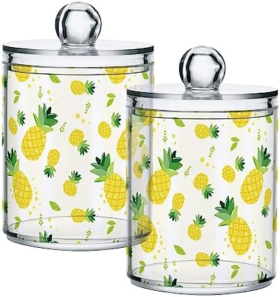 2 Pack Apothecary Jars Bathroom Summer Pineapple Qtip Holder Storage Canister Clear Plastic Jar with Lid for Cotton Ball, Cotton Swab