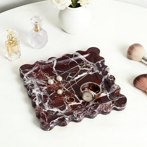 Scalloped Square Marble Decorative Tray, Natural Stone Vanity & Jewelry Tray, Trinket Organizer for Ring, Key, Dresser, Nightstand, Bathroom Counter & Kitchen Sink(Rosso Lepanto)