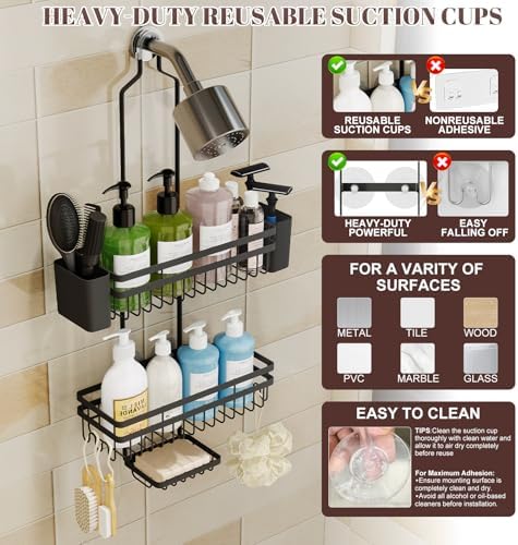 Shower Caddy Hanging for Bathroom Organizers and Storage,3 Tier Adjustable Anti-Swing Shower Organizer Hanging with Heavy-Duty Suction Cups, Damage-Free Rustproof (Black)