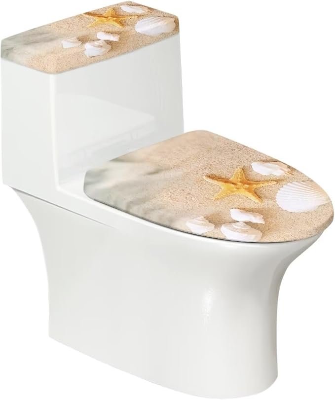 Beach Starfish Toilet Cover Set of 2,Sea Shell Print Toilet Seat Lid Cover Round Elongated and Oblong Lids Portable for Bathroom Decorations