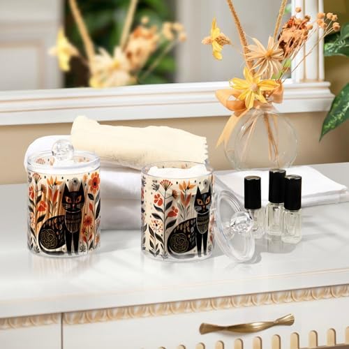 MNSRUU 4 Pack Qtip Holder Organizer Dispenser Black Cat Flowers Pink Bathroom Storage Canister Cotton Ball Holder Bathroom Containers for Cotton Swabs/Pads/Floss