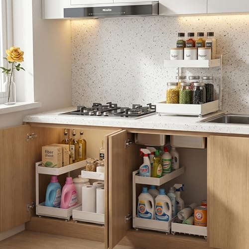 TATAANTY Under Sink Organizer 2 Pack, 2 Tier Metal Under the Sink Storage, Heavy Duty Slide out Pull out Cabinet Organizer, Height Adjustable for Kitchen Bathroom Pantry Closet Organization Rack