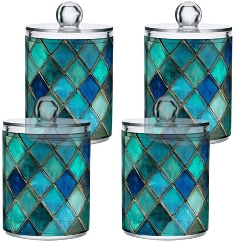 Turquoise Glass Mosaic Qtip Holder Dispenser Teal Geometric Bathroom Canister Storage Organization 4 Pack Clear Plastic Apothecary Jars with Lids Vanity Makeup Organizer For Cotton Swab Ball Floss
