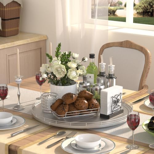 Oroyutor 18-Inch Oak Lazy Susan Organizer with Silver Iron Rail
