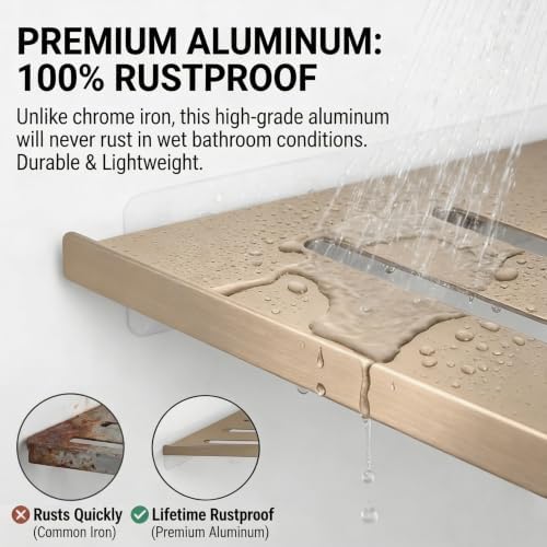 BVL Corner Shower Shelf, 8 Inch Champagne gold 2-PACK Bathroom Corner Organizer, Adhesive Wall Mounted Shower Caddy, Waterproof Rustproof Metal Storage Rack for Shampoo Soap
