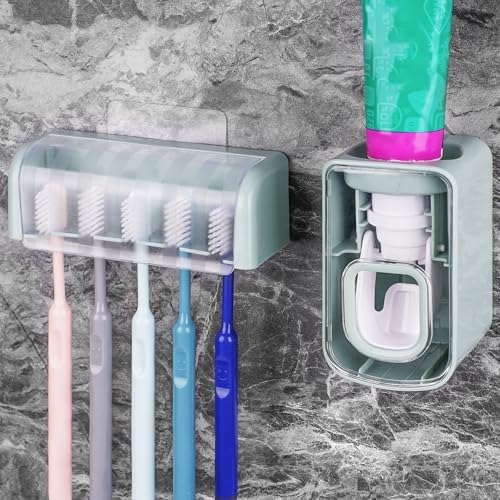 5 Slots Wall Mount Toothbrush Holder with Cover, Self Adhesive Toothbrush Storage Organizer for Shower, Toothbrush Hanger with Automatic Toothpaste Squeezer Dispenser (Blue)