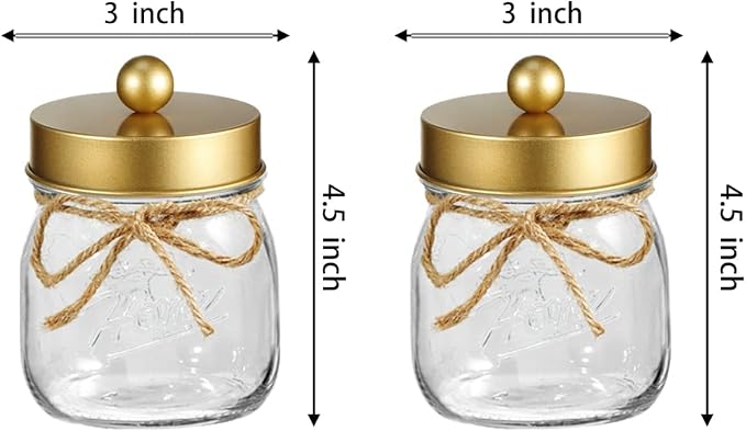 SheeChung Small Glass Mason Jar Qtip Holder with Gold Stainless Steel Lid | Clear Apothecary Jar Canisters Set,Bathroom Jar Dispenser,Vanity Storage Organizer for Cotton Swab,Ball,Floss,Farmhouse Decor