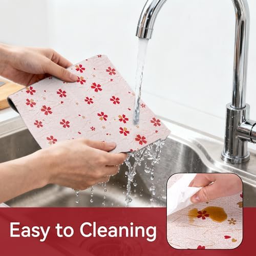 FIFTY FEET 18"x96" Non-Adhesive Shelf Liner for Kitchen Cabinets and Drawers, Washable Non-Slip PVC Cabinet Liner (Red Floral)(3 Roll)