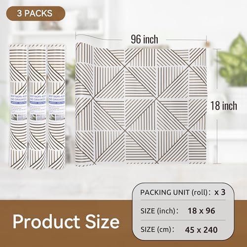 FIFTY FEET 18"x96" Non-Adhesive Shelf Liner for Kitchen Cabinets and Drawers, Washable Non-Slip PVC Cabinet Liner (Brown Modern)(3 Roll)