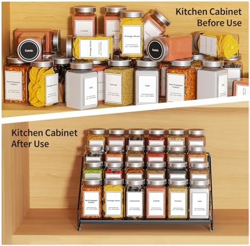 BOIVSHI 4 Tier Spice Rack for Cabinet, Spice Rack Organizer, Depth Adjustable Spice Holder for Countertop, Cupboard, Pantry, Seasoning Shelf, Metal, Black (1 Pack)
