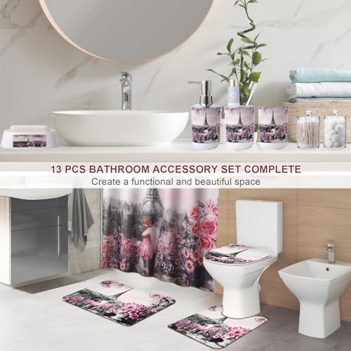 Bathroom Accessories Set with Shower Curtain Bath Rugs Pink Paris Bathroom Accessories with Trash Can, Shower Curtain Set,Bath Rugs for Home Decor