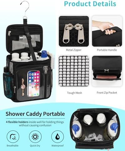 CUBETASTIC Hanging Shower Caddy Portable Bag - Quick Dry Shower Tote for Dorm College Essentials, Water-Resistant Travel Toiletry Bag with Separate Compartment & Multiple Pockets (Black, M)