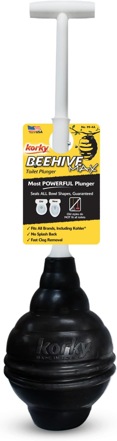 Korky BeehiveMAX Heavy Duty Toilet Plunger - Seals All Bowl Shapes – Powerful Clog Removal 1 Count (Pack of 8)
