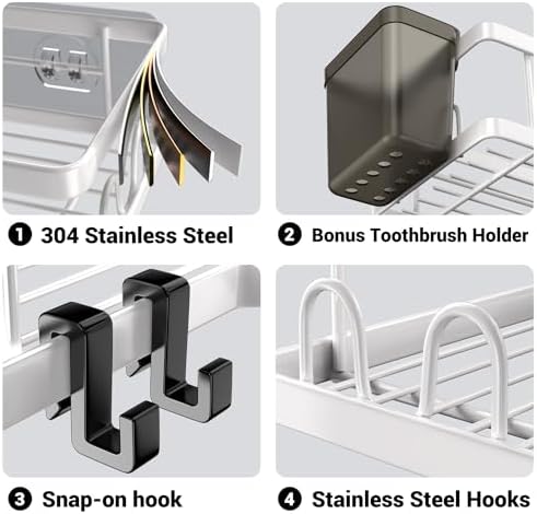 AKTECKE Shower Caddy Corner Organizer Shelf: 2Pack Adhesive Shower Essentials Accessories - No-Drilling Stainless Steel Bathroom Storage Rack with Hooks