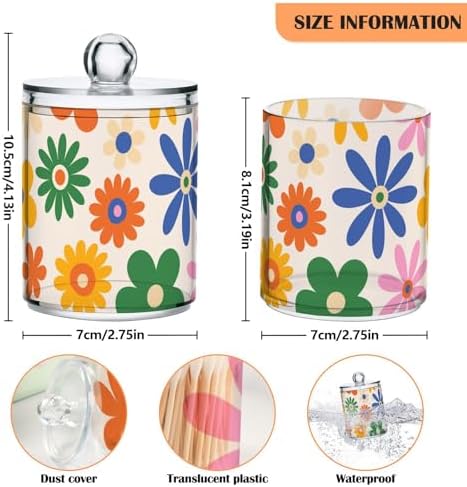 Fustylead 4 Pack Groovy Vibrant Bohemian Colorful Daisy Flowers Qtip Holder Dispensers, Bathroom Storage Canister Plastic Apothecary Jar Set for Cotton Swabs, Ball, Pads, Floss