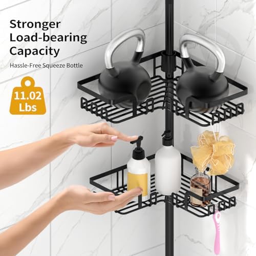 KEGII Shower Caddy Tension Pole with 2 Towel Bars, Bathroom Organizer