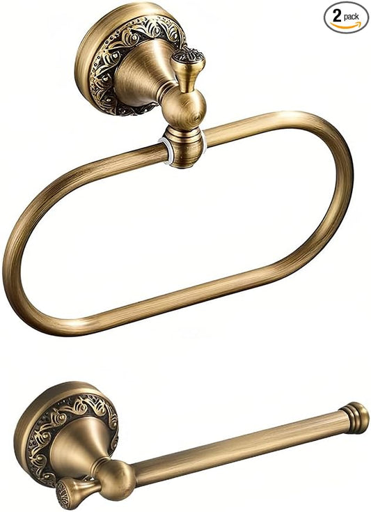 2-Piece Set Antique Brass Toilet Paper Holder, Brass Towel Ring Oval, Hand Towel Holder Bathroom Accessories Wall Mounted Vintage