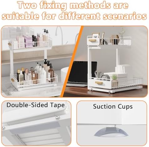 2 Pack Under Sink Organizer with Ball Bearing Sliding Drawer, Heavy Duty Pull Out Cabinet Organizer, 2 Tier Adjustable Storage Rack for Kitchen Bathroom, Space Saving Design, White