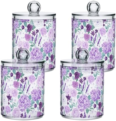ALAZA Violet Hydrangea Flower Cartoon 2 Pack Qtip Holder Dispenser for Cotton Swabs, Balls, Pads, Floss 10 oz Plastic Canister Organizer
