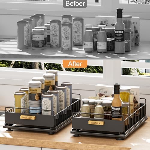 Under Sink Organizer, 2 Packs Under Sink Organizers and Storage, Slide Out Pull Out Cabinet Organizer Shelf with Metal Drawers for Kitchen Bathroom Pantry, Black