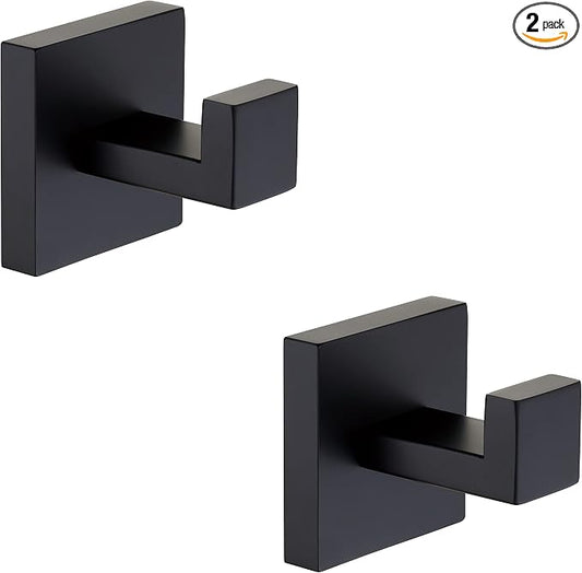 2 Pack Matte Black Bathroom Towel Hook Stainless Steel, Square Towel Robe Coat Hook Wall Mounted Toilet Kitchen Heavy Duty Door Hanger