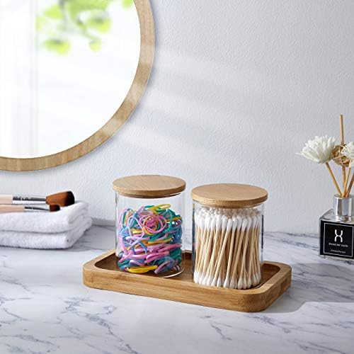 INIUNIK 2 Pack Glass Qtip Holder Dispenser with Bamboo Vanity Tray