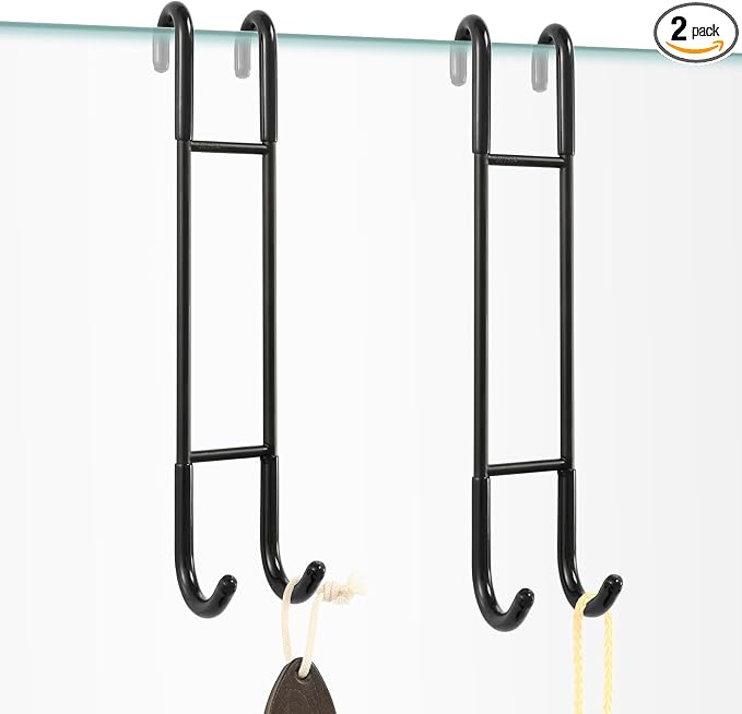 NINETREX Shower Door Hooks,Over Glass Door Hooks for Bathrooms Frameless Glass,Heavy Duty SUS 304 Stainless Steel Hook for Towels,Squeegee,Loofah,Shaver,Robe,2 Pack,Black,10Inch