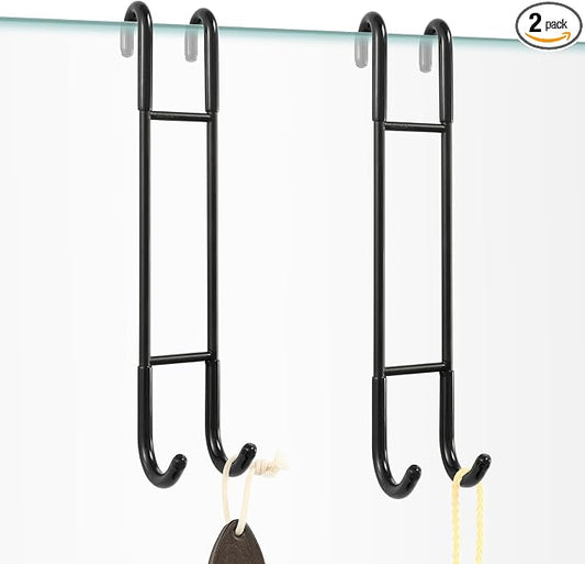 NINETREX Shower Door Hooks,Over Glass Door Hooks for Bathrooms Frameless Glass,Heavy Duty SUS 304 Stainless Steel Hook for Towels,Squeegee,Loofah,Shaver,Robe,2 Pack,Black,10Inch