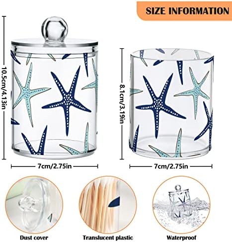 Bathroom Canister Set of 2, Beach Coastal Starfish Navy Blue and Turquoise Plastic Jars Holder Dispense Qtip Holder Storage Jars with Lids,Home Decor