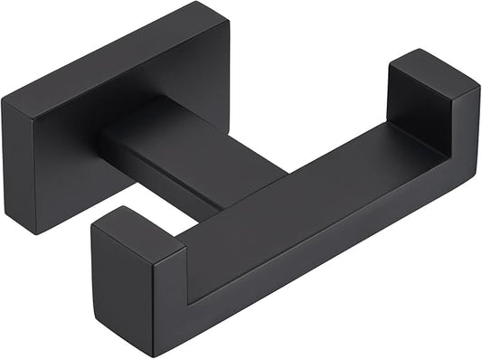APLusee Double Robe Towel Hook, 304 Stainless Steel Square Dual Coat Hook, Utility Bath Kitchen Storage Hanger Holder, Matte Black