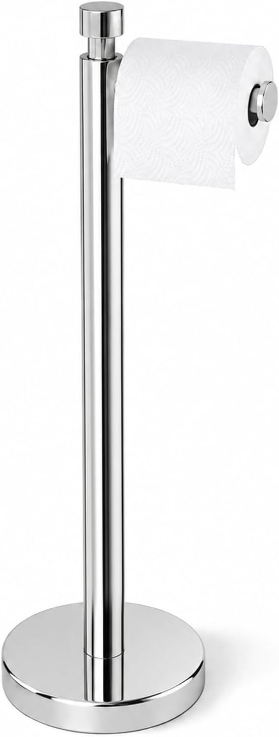 Toilet Paper Holder Stand with Weighted Base, Chrome | Stainless Steel Design with Open-Arm Access for Bathrooms and Powder Rooms