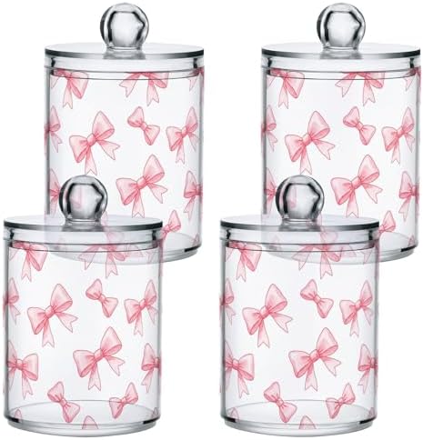 ALAZA Bow on White 4 Pack Qtip Holder Dispenser for Cotton Swabs, Balls, Pads, Floss 10 oz Plastic Canister Organizer