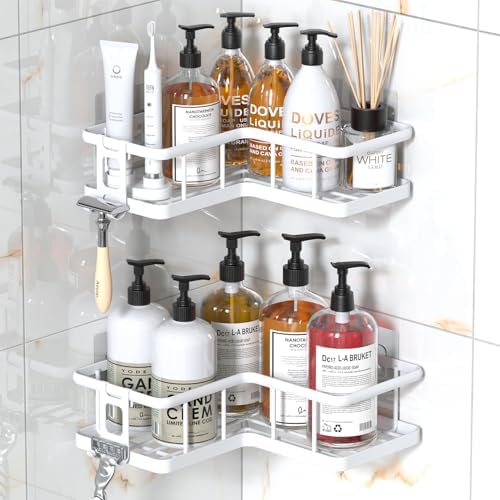 YASONIC Corner Shower Caddy Adhesive, 100% Rustproof Shower Organizer, No Drill Shower Shelf for Inside Shower, Wall-Mounted Shower Storage for Homes (2 Pack, White)