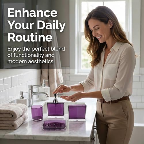 Bathroom Accessories Set, Acrylic Bathroom Accessory Set with Soap Dispenser,Soap Dish, Toothbrush Holder, Tumbler, Modern Bathroom Accessories Decor,Gift for Home (Purple-4)